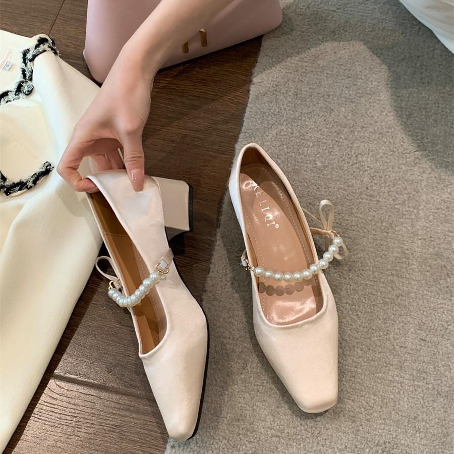 French Square Head Single Shoes Women's 2025 New Pearl Bow with Light Mouth Thick Heel Mary Jane Shoes