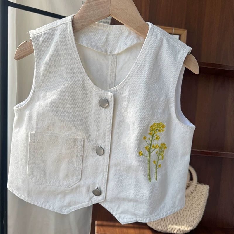 Girls White Denim Embroidered Vest Spring Autumn Sleeveless Collarless Thin Layering Waistcoat 80