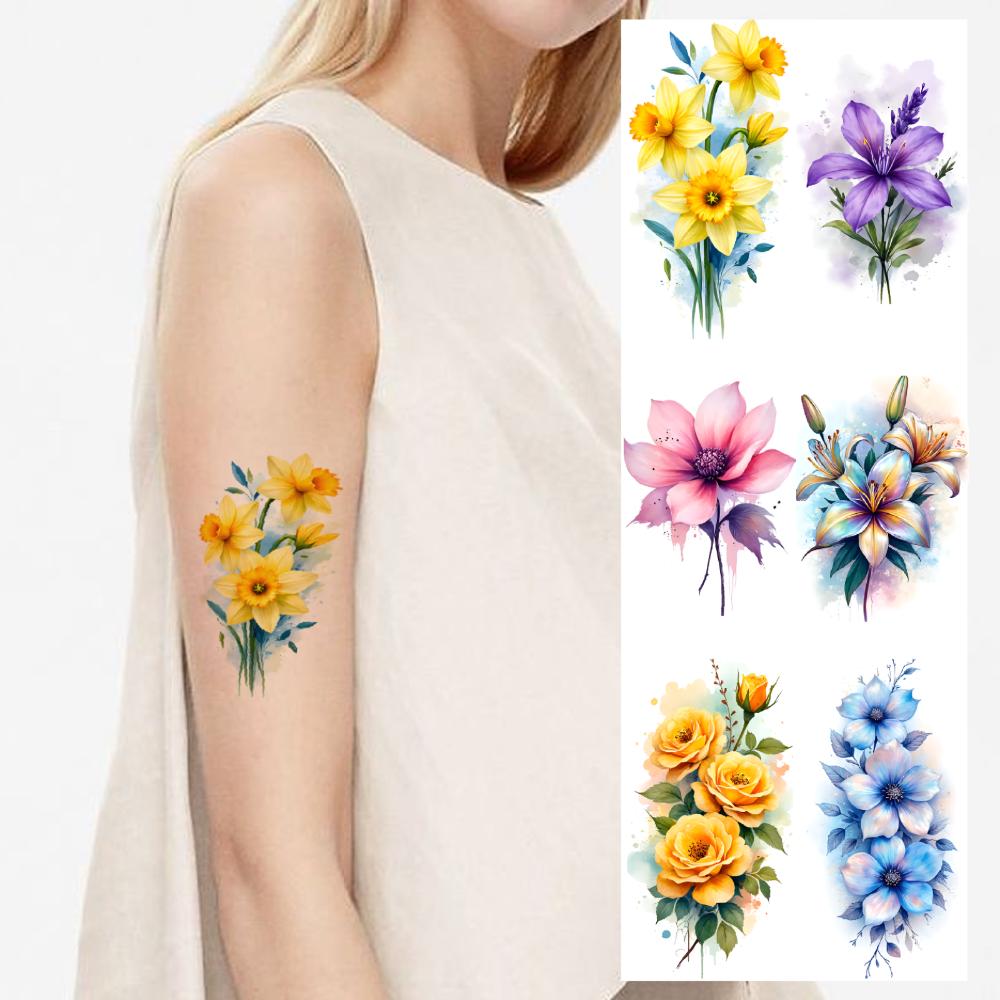 9 Stück Temporäre Tattoos Hibiskusblumen Temporäre Tattoo-Aufkleber Narzissenblumen Sonnenblumen Für Damen Wangen Arme