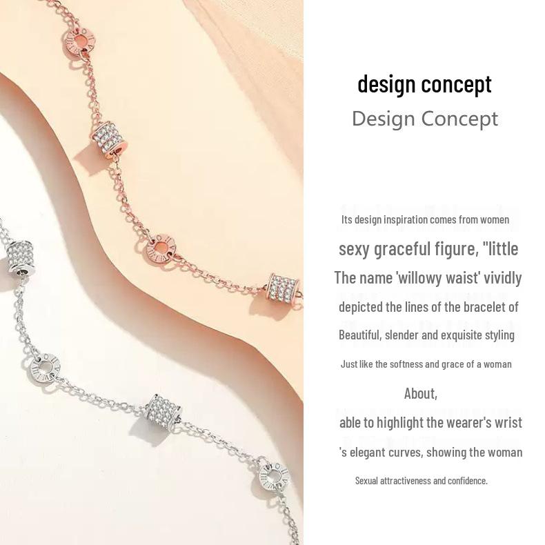 Korean Style Rose Gold Roman Numerals S925 Sterling Silver Bracelet for Women - Elegant Gift for Girlfriend