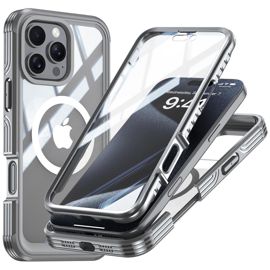 For iPhone 16 Pro Max Magnetic Case PC+TPU Shockproof Phone Cover with Screen Film