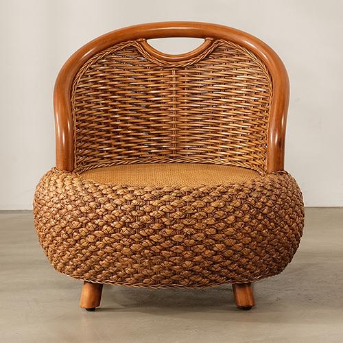 Rattan Weave round Accent Chair Comfort Floor Seat with Backrest Cozy Pouf Ottoman for Balcony Living Room