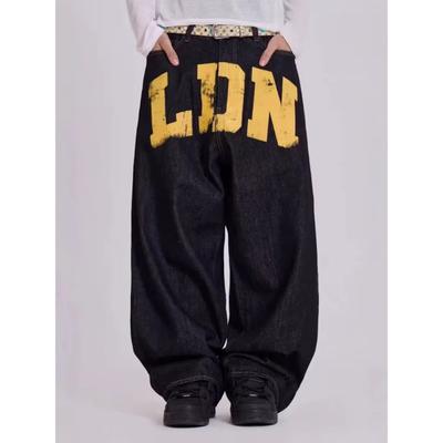 American Vintage Letter Print Jeans Women's  Black Gothic Y2k Loose Denim Pants Fashion Hip Hop Wide Leg Casual Streetwear