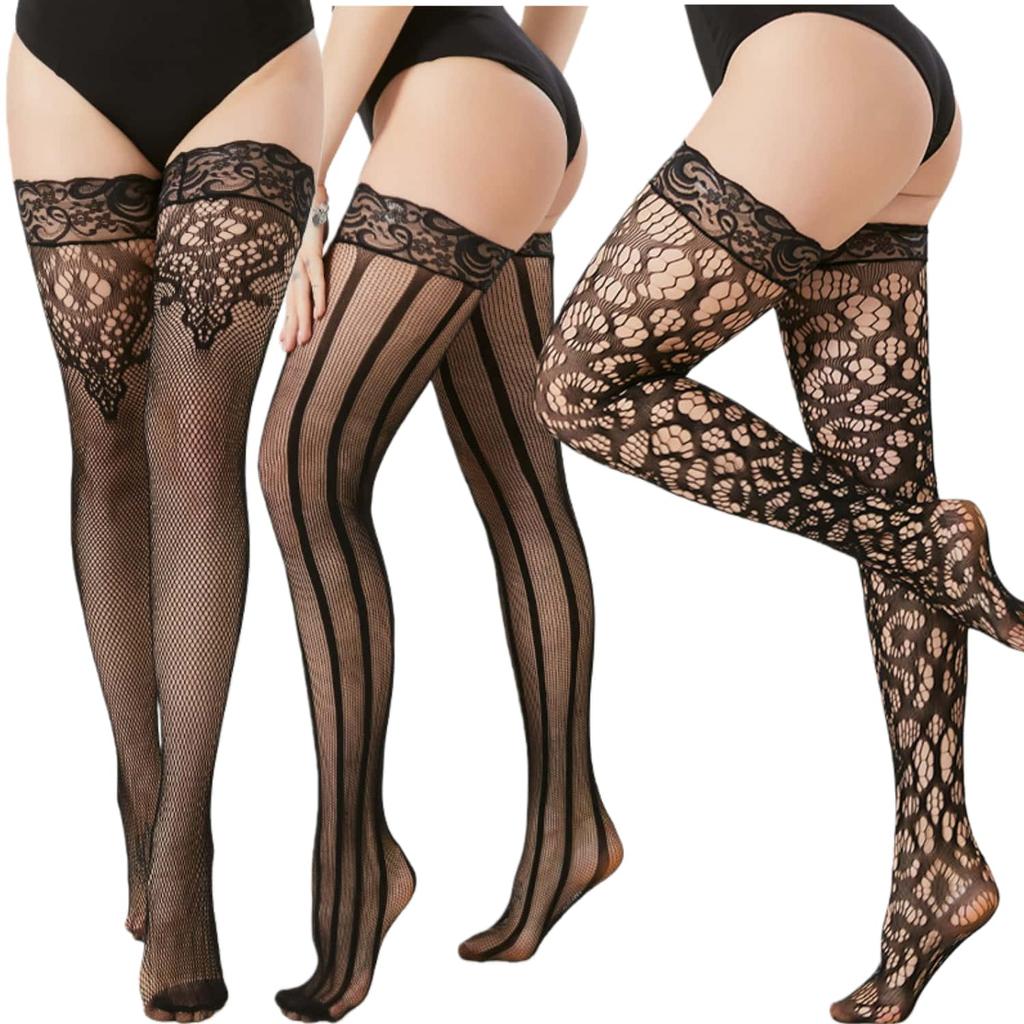 Plus Size Fishnet Thigh High Stockings Women Sexy Lace Over Knee Hollow Out Mesh Pantyhose Nylon Elastic Summer Clubwear