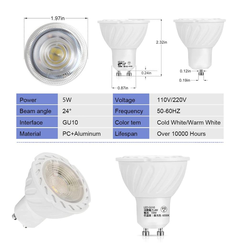 5W LED Bulb, 400lm, Equivalent to 50W Halogen Bulb, GU10 Base, Non-Dimmable, 90-Degree Wide-Angle LED Spotlight, Daylight White 6000K, 95Ra Color