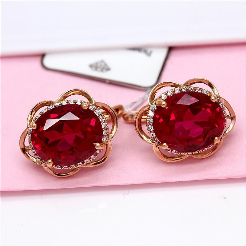 Exquisite Russian Purple Gold Inlaid Redstone Flower Earrings Temperament Luxury High-Grade Diamond-Plated Rose Gold Earrings