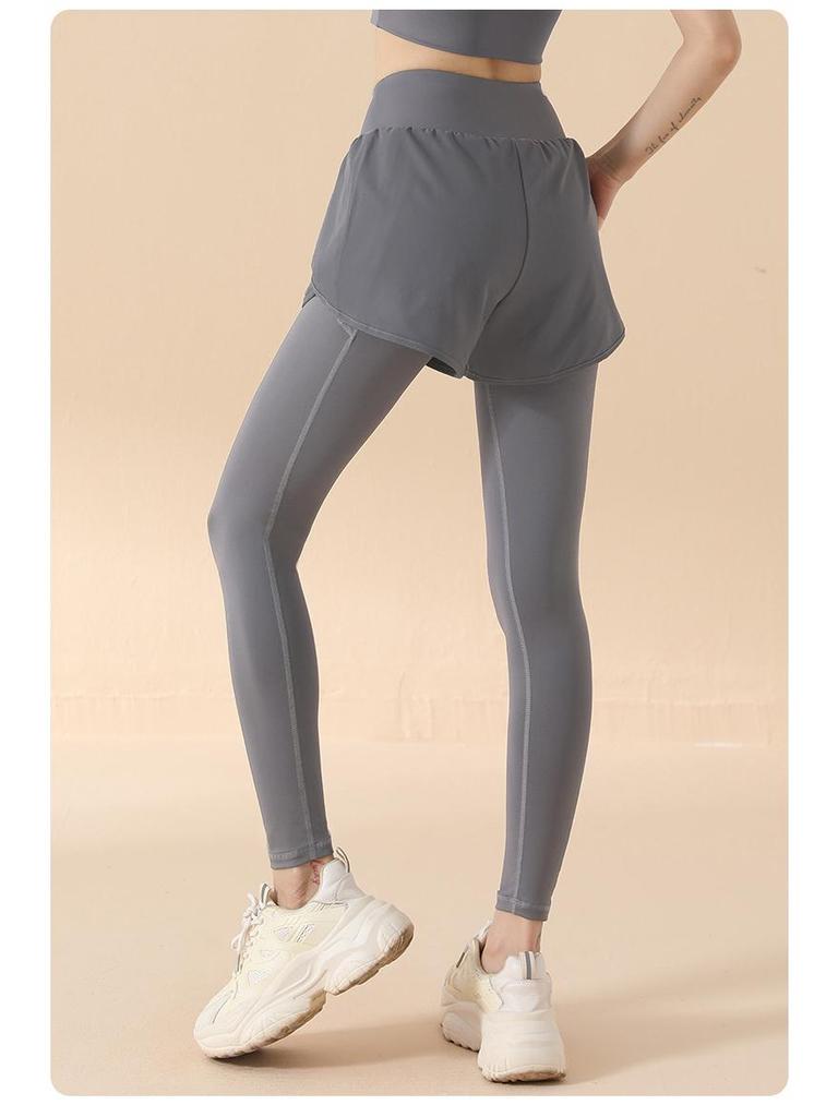 2025 High Waist Yoga Pants: Fake Two-Piece, Elastic, Hip-Lifting, Tummy Control, Nude Feel, Anti-Exposure Running and Fitness Wear
