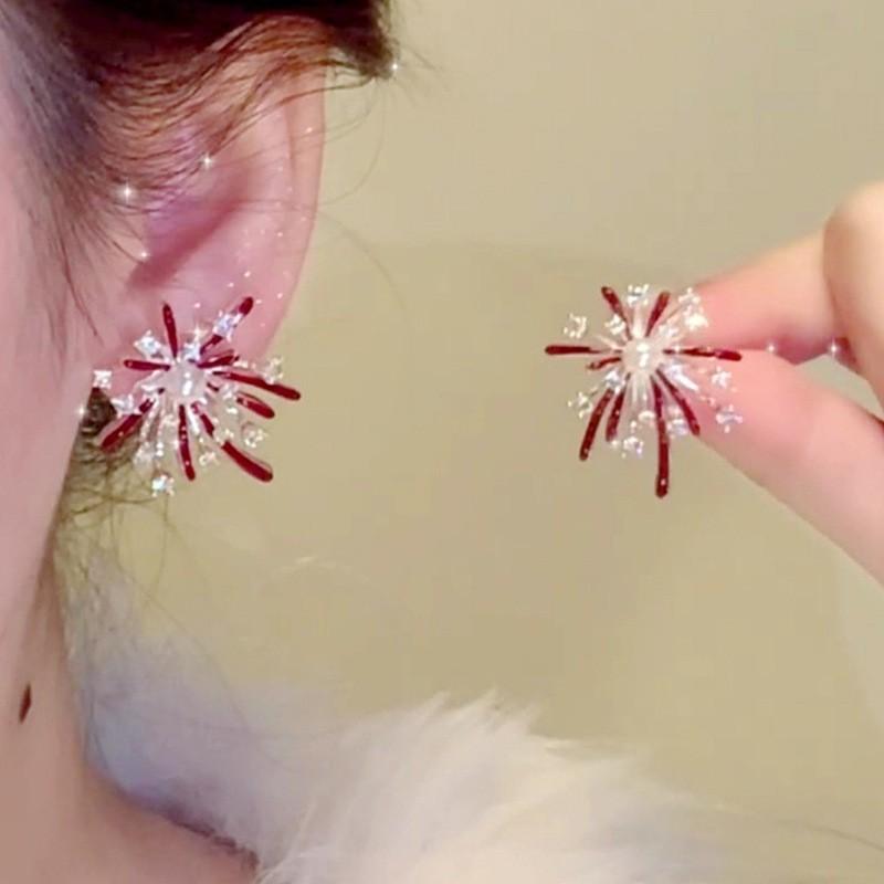 Silver needle New Year's red zircon fireworks pearl stud earrings retro temperament versatile earrings light luxury high-end earrings women
