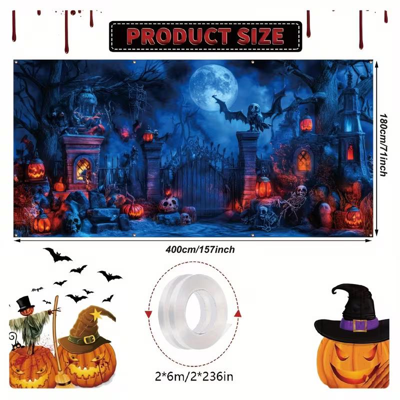 2D Spooky Haunted Graveyard Garage Door Cover Halloween Outdoor Party Decoration