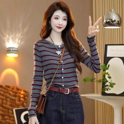 Gestreiftes Strick-Basicshirt Damen Frühherbst Außenstrickjacke Vielseitiges Langarmtop Frühling und Herbst