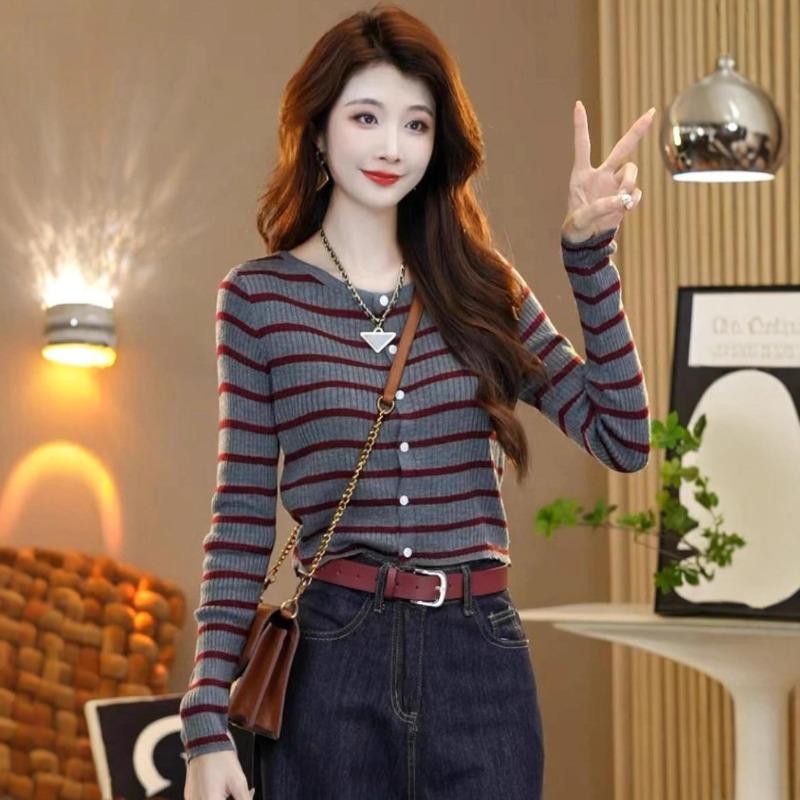 Striped Knitted Bottoming Shirt Women's Early Autumn Outer Cardigan Versatile Long-sleeved Top
