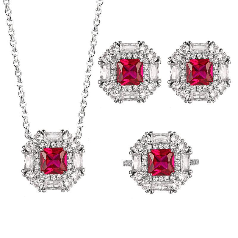 Jewelry Set Earrings Necklace Ring Colorful Ruby High-end Feeling Light Luxury Fashionable Women's