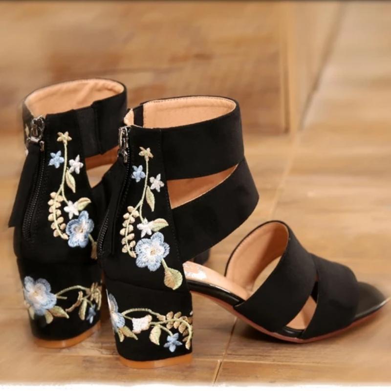 Fashion Shoes for Women 2025 New Ankle-Wrap Women's Sandals Summer Black Embroidered Mid-heel Sandals Elegant Open Toe Square Heel Mujer