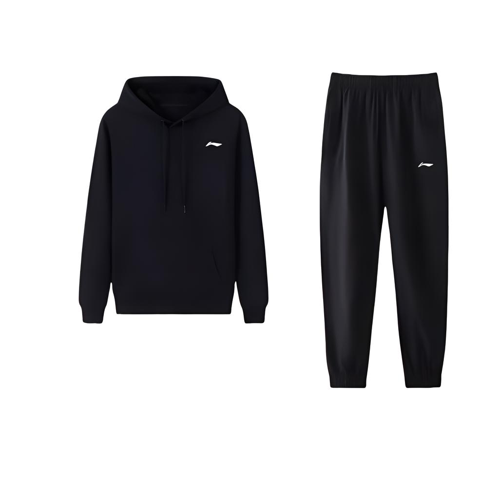 Li-Ning Solid Color Loose Fit Hooded Sweatshirt And Elastic Waist Straight Leg Cuffed Pants Casual Sports Suit AYKT551-7+YWDT331-1