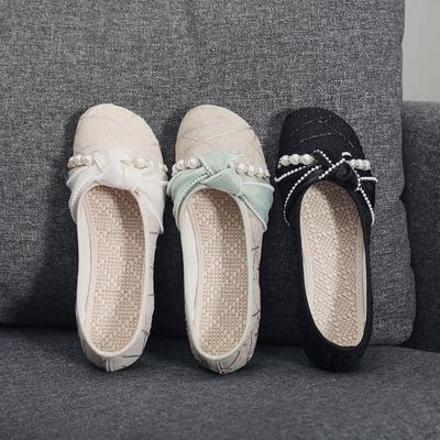 Shoes Women Flats Pearl Decoration Soft Dress Beading Summer Fabric Ethnic Soft Shoes Women   Footwear Pearl Deco