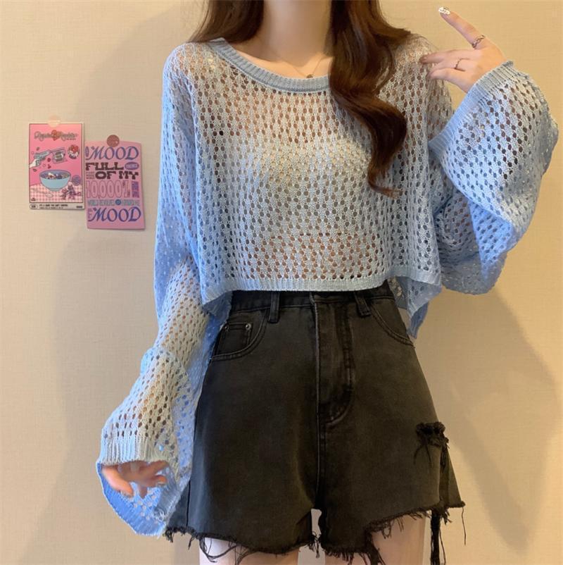 Long Sleeve Hollow Out Short Top Women Summer Dopamine Thin Sun Protection Cover Up Waist Fitted T Shirt Knitwear