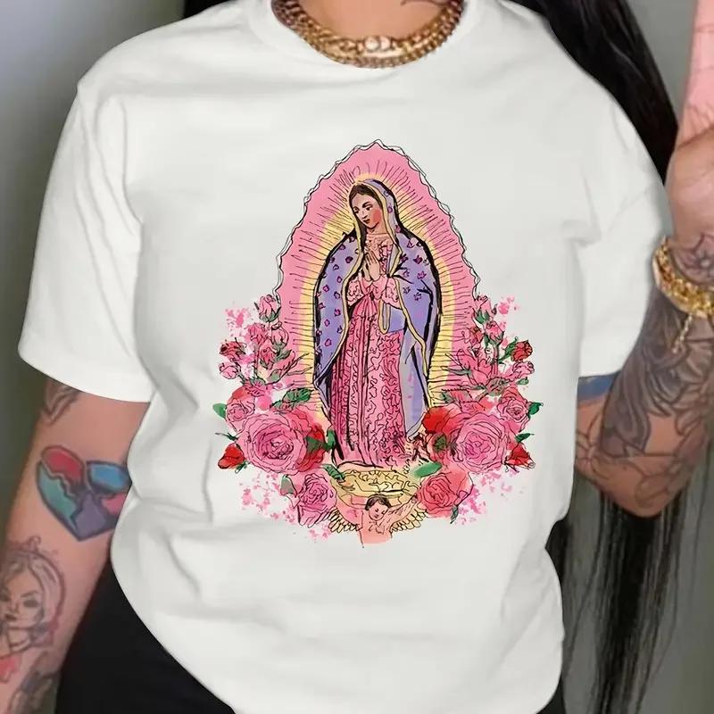 

Goddess Floral Print Crew Neck T-shirt Casual Short Sleeve Drop Shoulder Top Women s Clothing Y2K Tops Tee Lady Black Clothes XXXXXL чорний