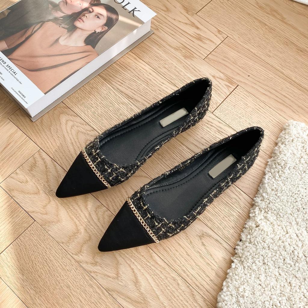 Fashion 2025 Spring and Autumn New Pointed Toe Single Shoes Shallow Mouth Slip-on Flats Metal Decoration Low-heeled Women's Shoes