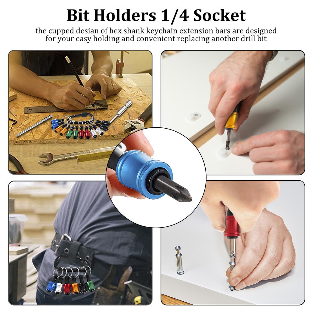 15Pcs 1/4in Hex Shank Bit Holder Kit with 105° Right Angle Drill Attachment Aluminum Alloy Screwdriver Drill Bit Holder Keychain