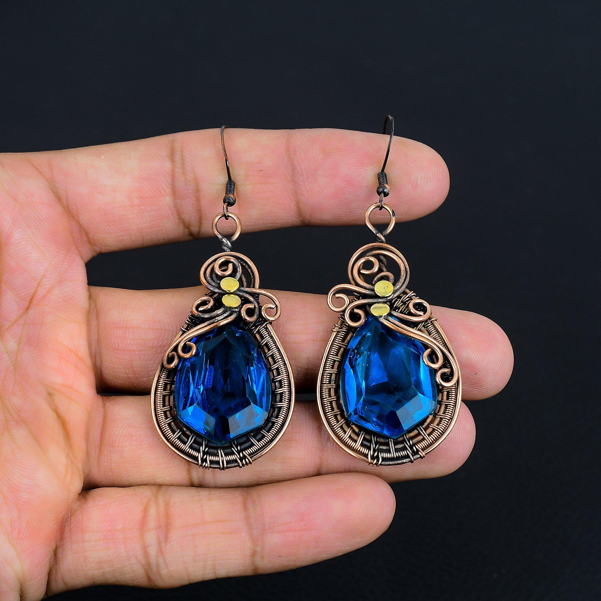 

Серьги с голубым топазом, Ювелирные изделия из драгоценных камней, обернутые медной проволокой 999 пробы, Серьги ручной работы, На День благодарения 2.52 Inches