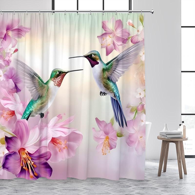 Hummingbird Shower Curtain Watercolour Floral Purple Lavender Butterfly Plant Polyester Fabric Bathroom Curtain Decor With Hooks