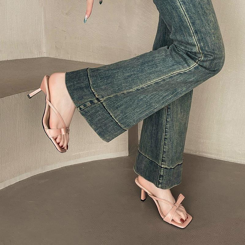 Daily sexy pure desire style square head thin heel sandals new summer wear high value personalized bow high heels