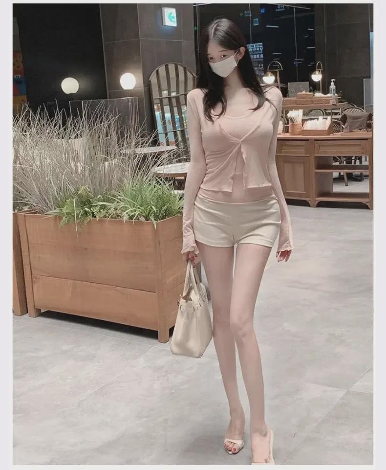 Jemně růžový podzimní dámský set tílka a kardiganu proti slunci Dongdaemun