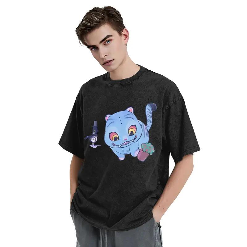 Derpy Blue Tiger Play With Pot Washed T Shirts O-Neck Oversize KPop Demon Hunters Streetwear Cotton Top Tees For Men Women