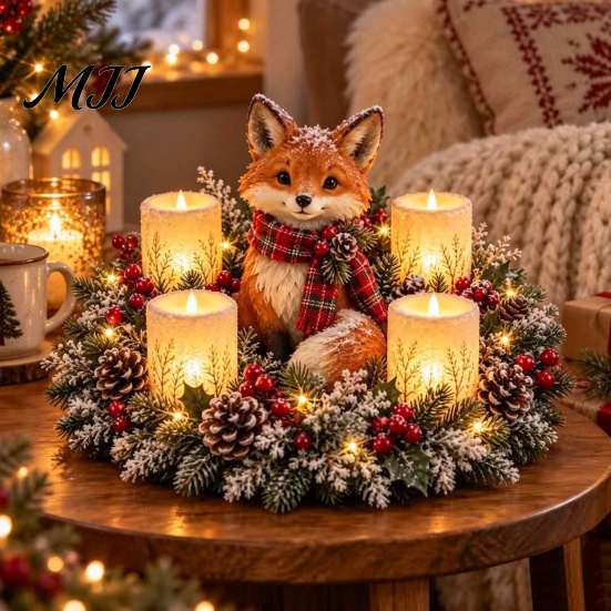 Decorative Evergreen Lamp Christmas Animal Candle Holder Figurine, Resin LED Flameless Holiday Centerpiece Light, Desktop Ornament for Mantel