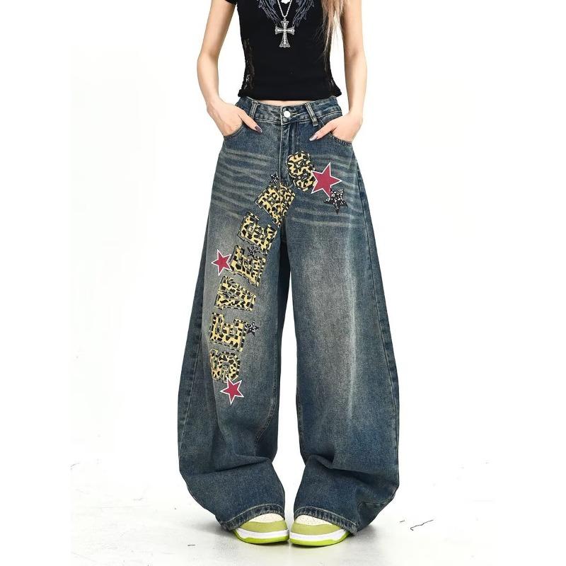 Vintage American Leopard Letter Print Jazz Scimitar Pants Women s Summer Wide Leg Jeans Letter Graphic Jeans, Vintage Wash Wide-leg Casual Pants S