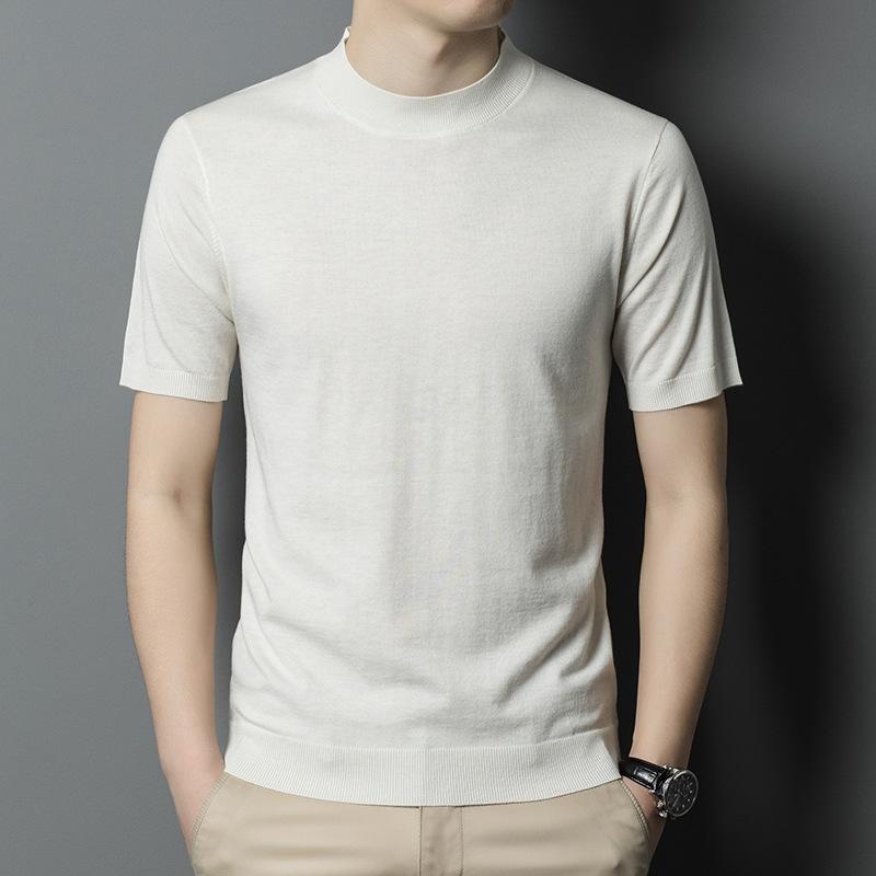 Jarní nový styl vlněný svetr pro muže středního věku tenký s kulatým výstřihem ležérní svetr s krátkým rukávem pánské oblečení