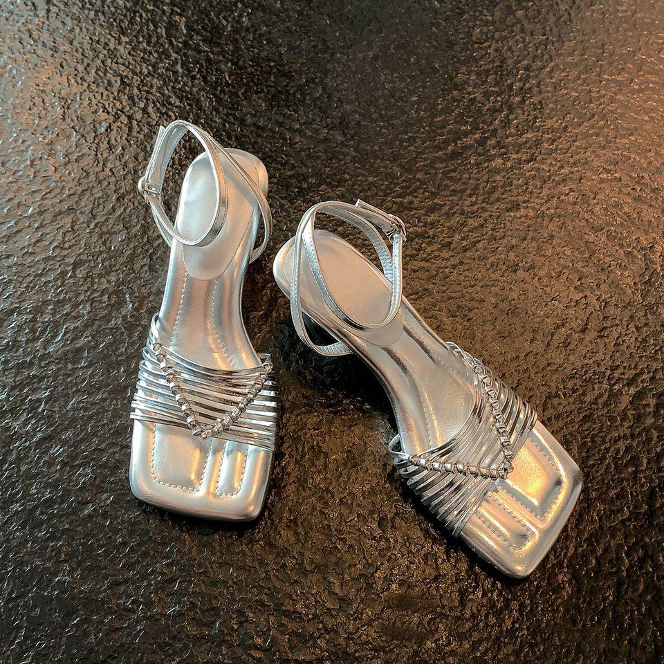 

2025 new square head high-heeled sandals women s hollowed-out thin straps daily versatile weaving summer word straps fashion sandals 39 серебряный