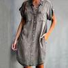 Ladies Dress Button Pocket Short Sleeve Lapel Solid Color Daily Wear Single-breasted Side