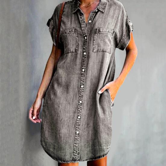 Ladies Dress Button Pocket Short Sleeve Lapel Solid Color Daily Wear Single-breasted Side