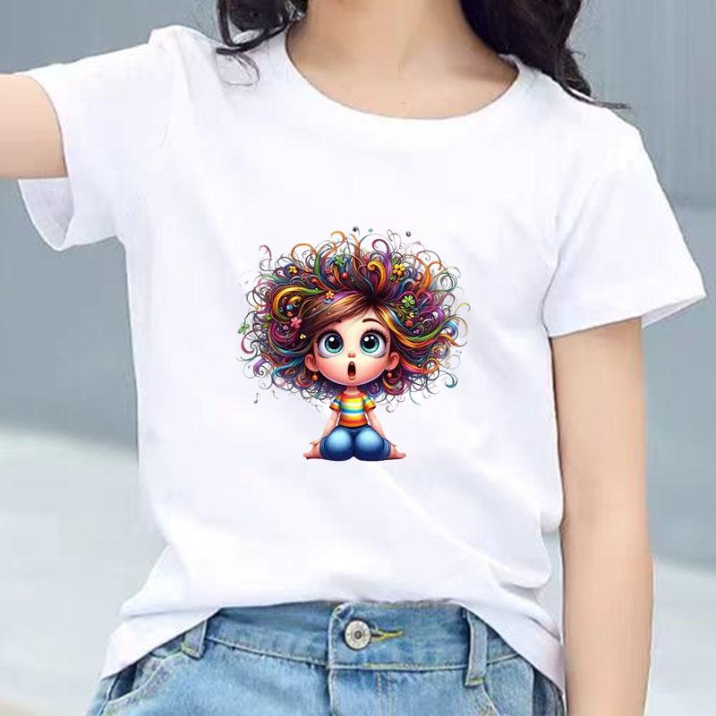 Kids Cotton T Shirt Sitting Girl With Colorful Hair Print Crew Neck Short Sleeve Tee Casual Boys Girls Summer Tops