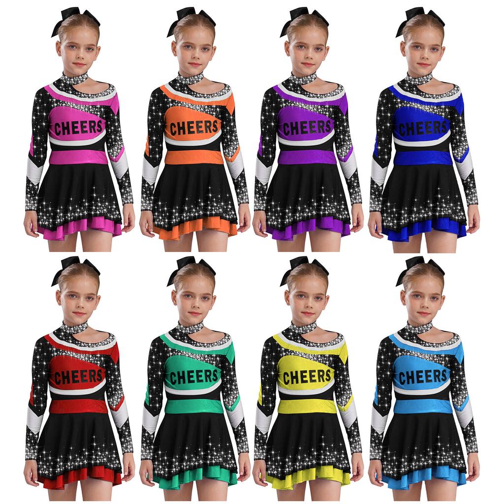 Girls Stage Performance Costume Long Sleeve Letter Print Shiny Rhinestones Color Block Cheerleading Set