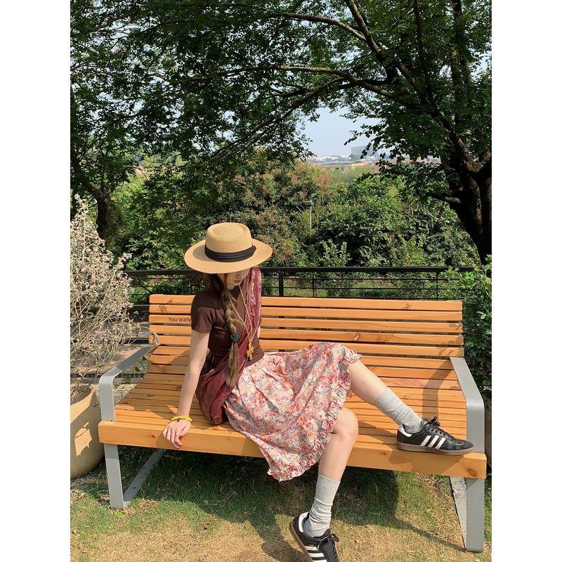 Kumikumi Gentle Floral Skirt A- Line Skirt Women's Autumn Drape Drawstring High Waist Swing Dress Midi Skirt