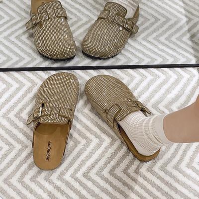 Mules da Donna Suola Piatta Strass Copri Punta One Kick Pantofole da Donna Eleganti Retro Primavera Autunno Zapatillas De Mujer