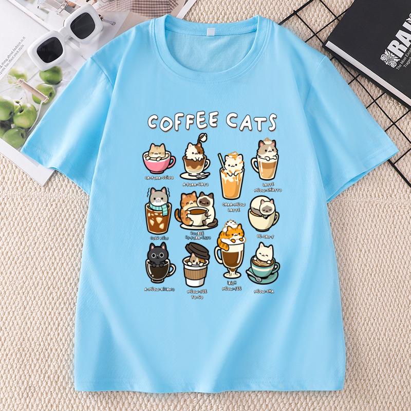 Funny Coffee Cat Cotton Short Sleeve Round Neck Printed Tshirts Unisex Unisex Streetwear Cat Lover Tshirt Unisex Clothing