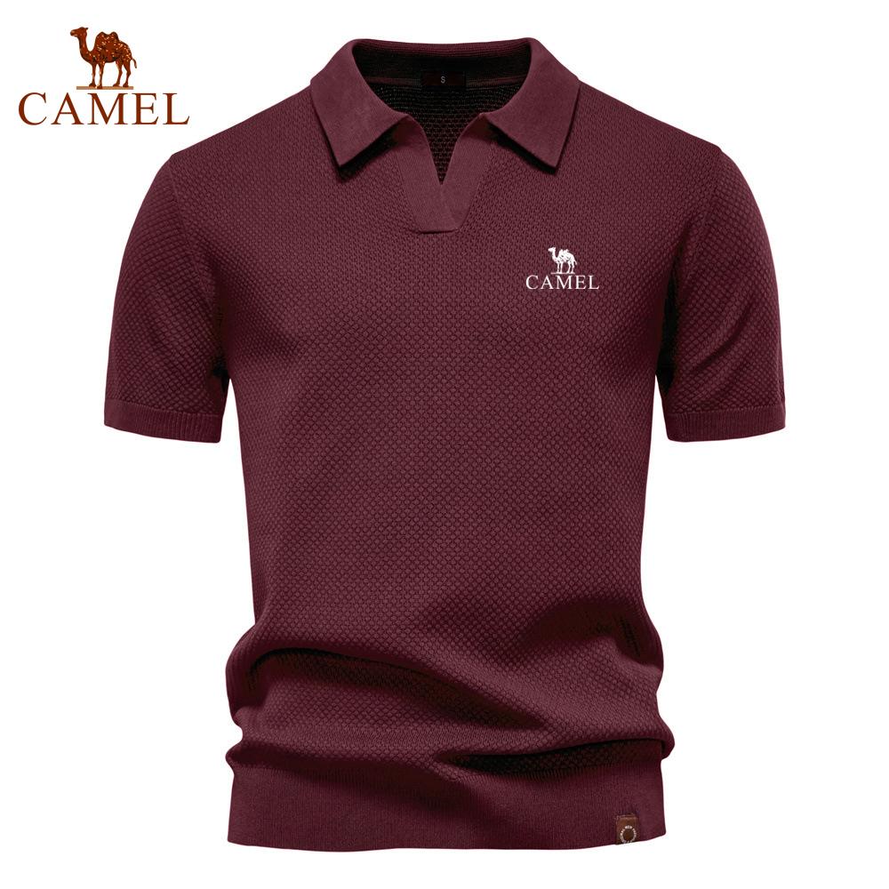 Camel Summer Embroidery Large Pineapple Pattern Woolen Polo Sweater for Men's Business, Seagull Collar, Men's Short Sleeve Sweater