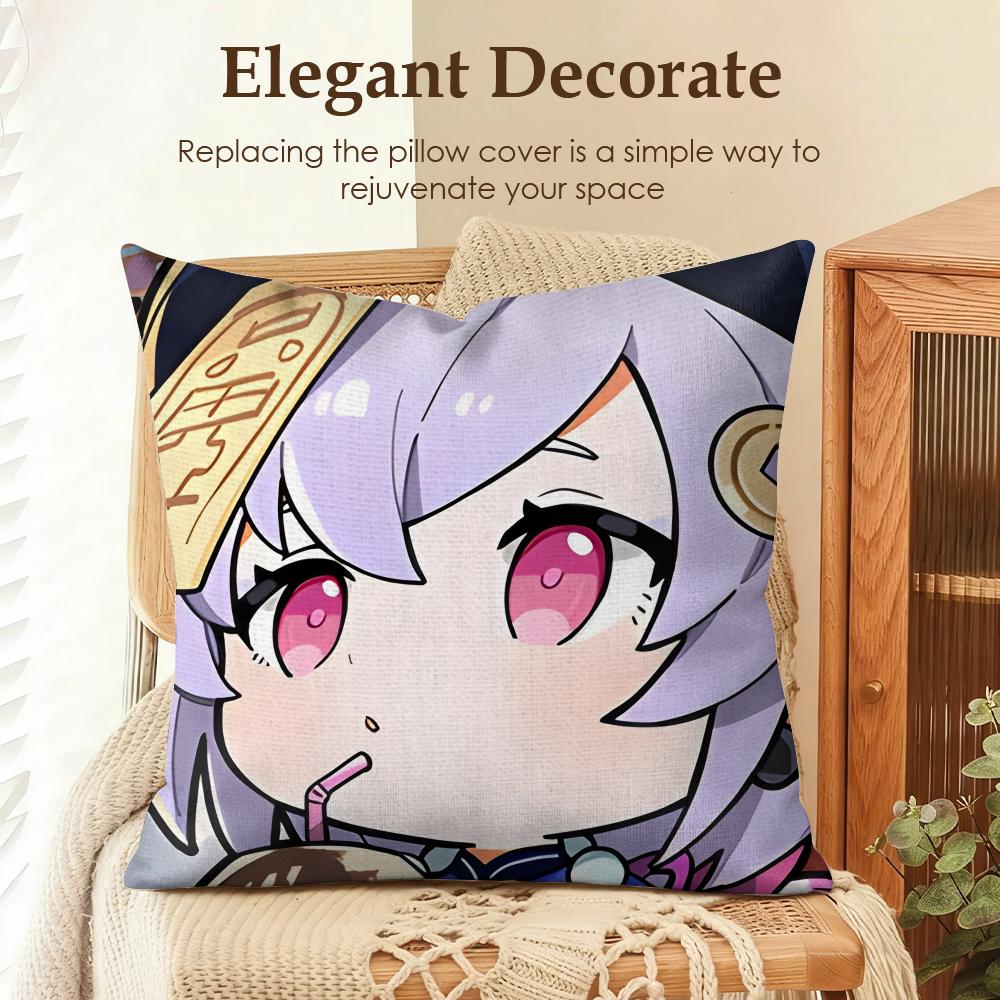 Qiqi Cute Genshin Impact Cushion Cover Natural Linen Organic Fabric DoubleSided Printing Sofa Home Decor Gift Pillow Case