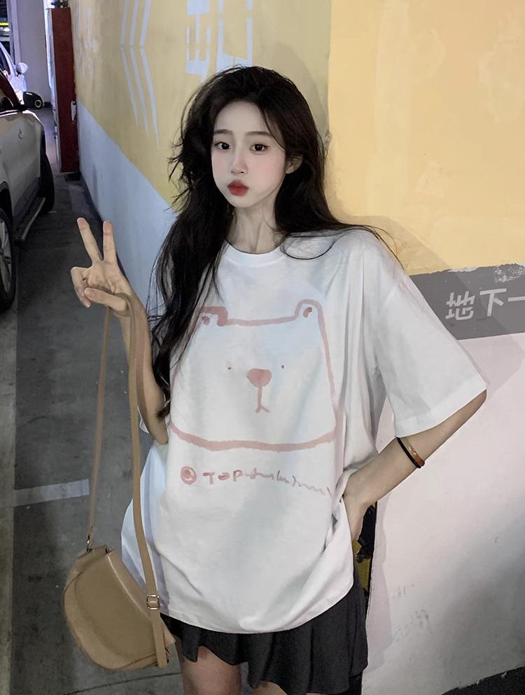 Large size fat MM lazy Hong Kong style bear print short-sleeved T-shirt women's pure cotton loose medium and long front shoulder couple top