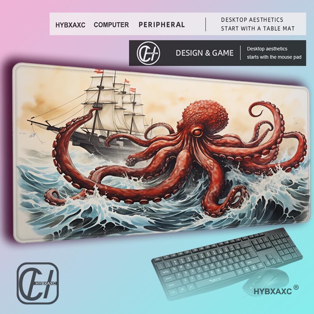 HYBXAXC Vintage Deep Sea Monster Extended Desk Mat Ocean Sea Monster Pattern Gaming MousePad Thick Lockedge Keyboard Mat