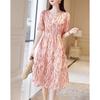 Demana French Waltz V-neck Botanical Print Puff Sleeve Midi Dress