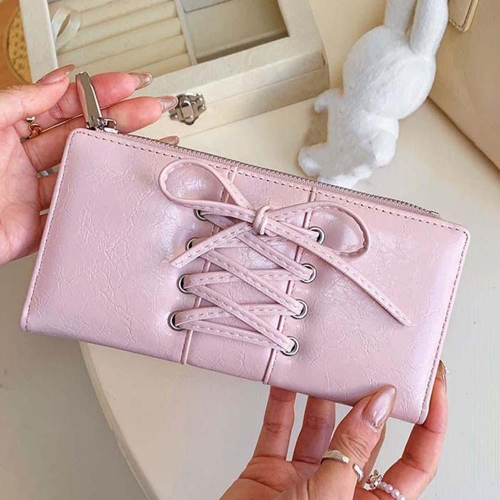 Portable Strap Bow Wallet PVC Multiple Card Balletcore Card Bag Anti-splash Water Solid Color Long Leather Purse School