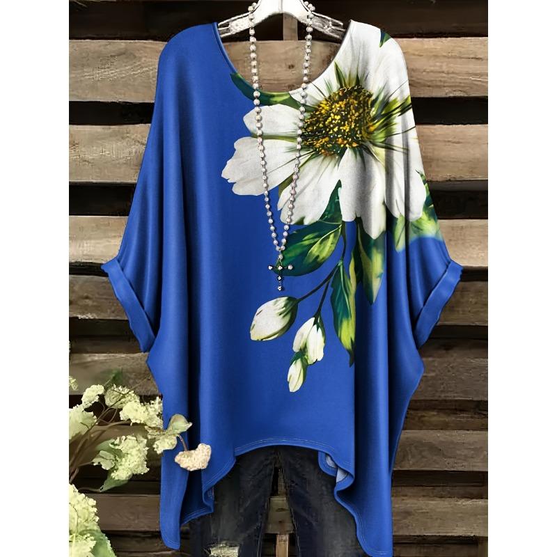New Women's T-Shirt Vintage Floral Pattern Printed Asymmetrical Hem O-Neck Short Sleeve Top Casual Fashion Street Outdoor Tops