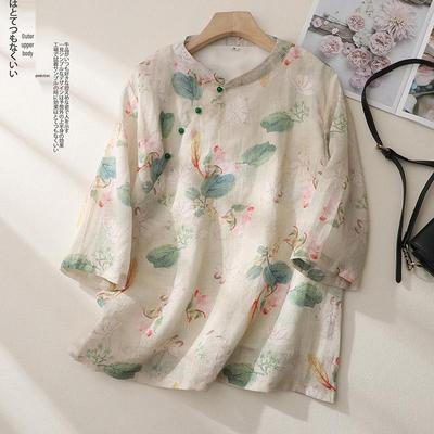 2026 Spring/Summer Retro Chinese Style Women's Stand Collar Printed Cotton Linen Shirt - Versatile and Trendy.