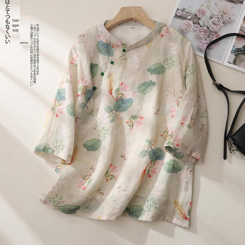 2026 Spring/Summer Retro Chinese Style Women s Stand Collar Printed Cotton Linen Shirt - Versatile and Trendy. 2XL