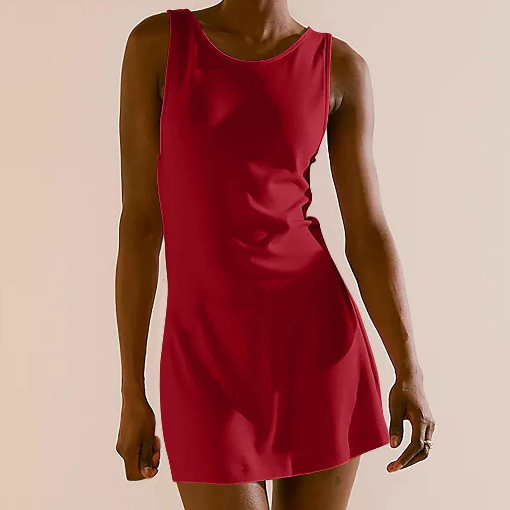 Women Sleeveless Casual Crew Neck Fitted Solid Tank Dress Soft Lightweight Simple Design Comfortable Mini Dress for Daily Wear