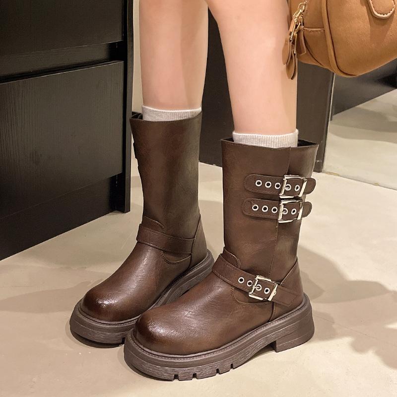 Maillard Plateau Martin Stiefel Damen 2025 Herbst und Winter neu kleine schlanke kurze Stiefel Gürtelschnalle mittelhohe Schaft Ritterstiefel